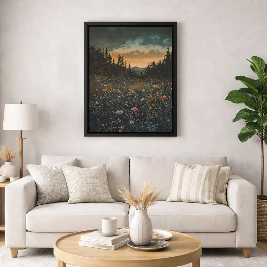 Moody Wildflower Meadow Canvas Print | Forest Mountain Sunset Wall Art | Premium 1.25-Inch Gallery Wrap | Nature-Inspired Home Decor Gift