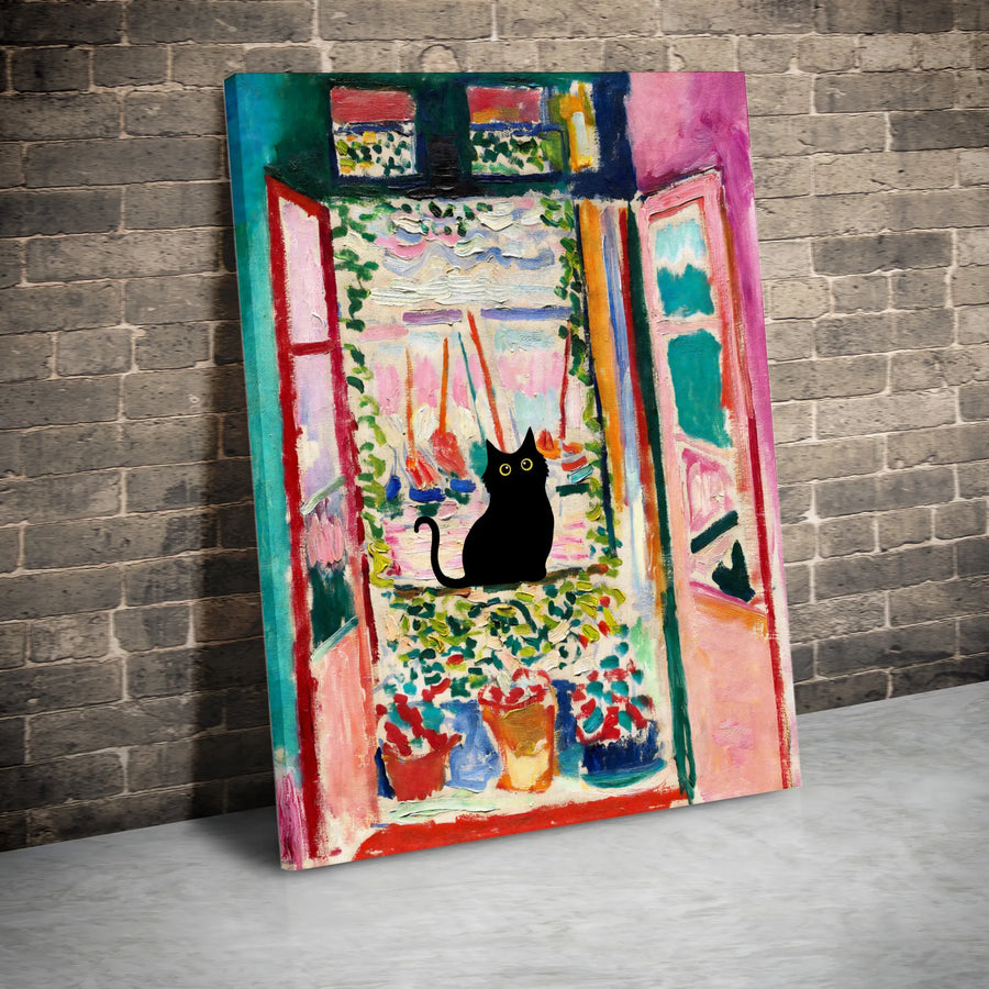 Black Cat Matisse Style Wall Art | Impressionist Open Window Print | Premium Gallery Canvas | Unique Home Decor Gift