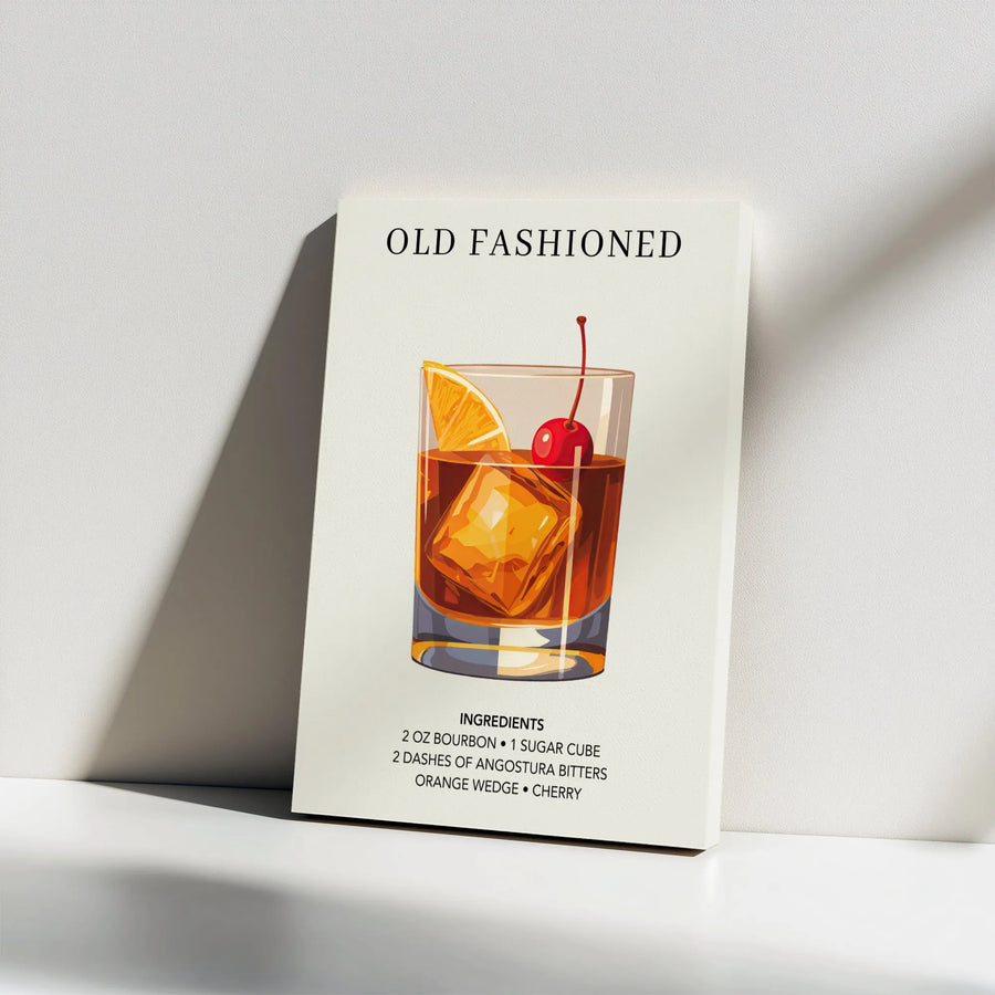 Old Fashioned Cocktail Recipe Wall Art | Minimalist Bar Decor Print | 1.25 Inch Gallery Wrap Canvas | Premium Gift for Bourbon Lovers