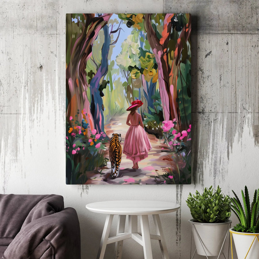 Woman with Tiger Canvas Wall Art | Surreal Fantasy Forest Painting Print | Premium Gallery Wrap Canvas | Eclectic Living Room Decor & Unique Art Gift