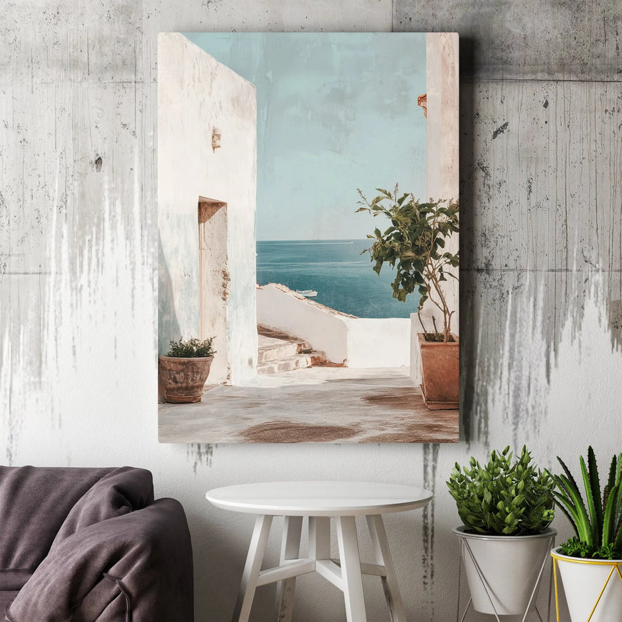 Mediterranean Seascape Vertical Canvas | Greek Island Alleyway with Ocean View | Premium Frameless Print | Coastal Home Decor Gift