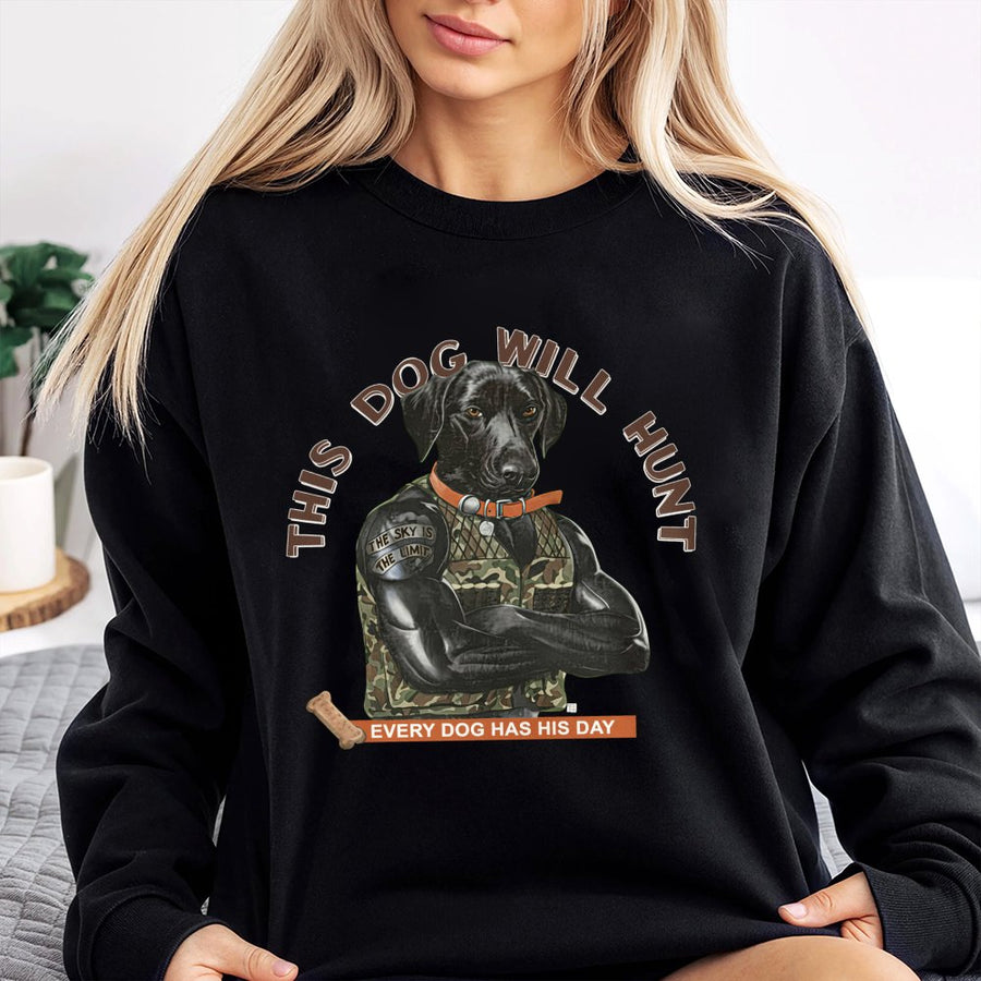Hunting Dog Sweatshirt | Muscular Labrador Retriever Camo Graphic | Premium Cotton Blend Crewneck | Funny Duck Hunter Gift for Men