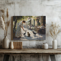 Cafe Scene Canvas Wall Art | Impressionist Woman Feeding Cats Painting | Premium Gallery Wrap Print | Charming French Bistro Gift for Cat Lovers