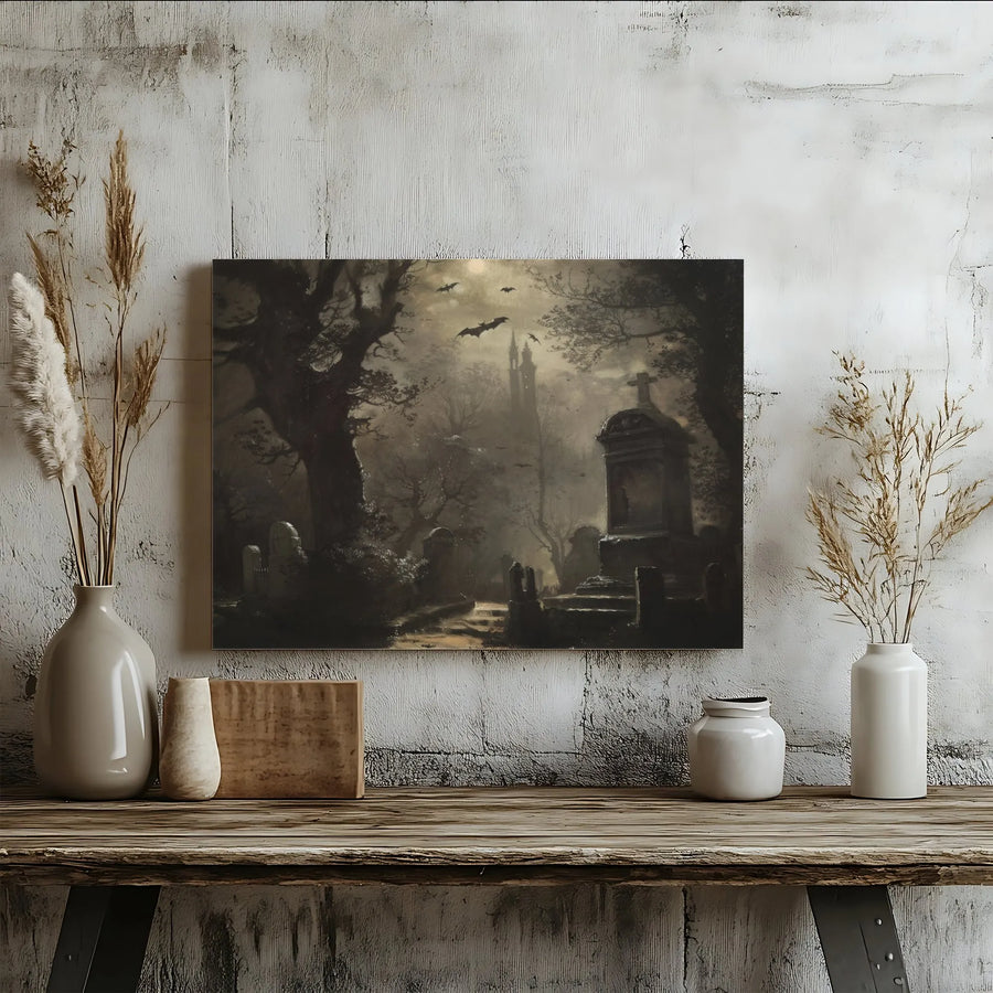 Gothic Graveyard Canvas Wall Art | Spooky Night Cemetery with Bats and Moon | Premium Gallery-Wrapped Print | Dark Academia Home Decor Gift