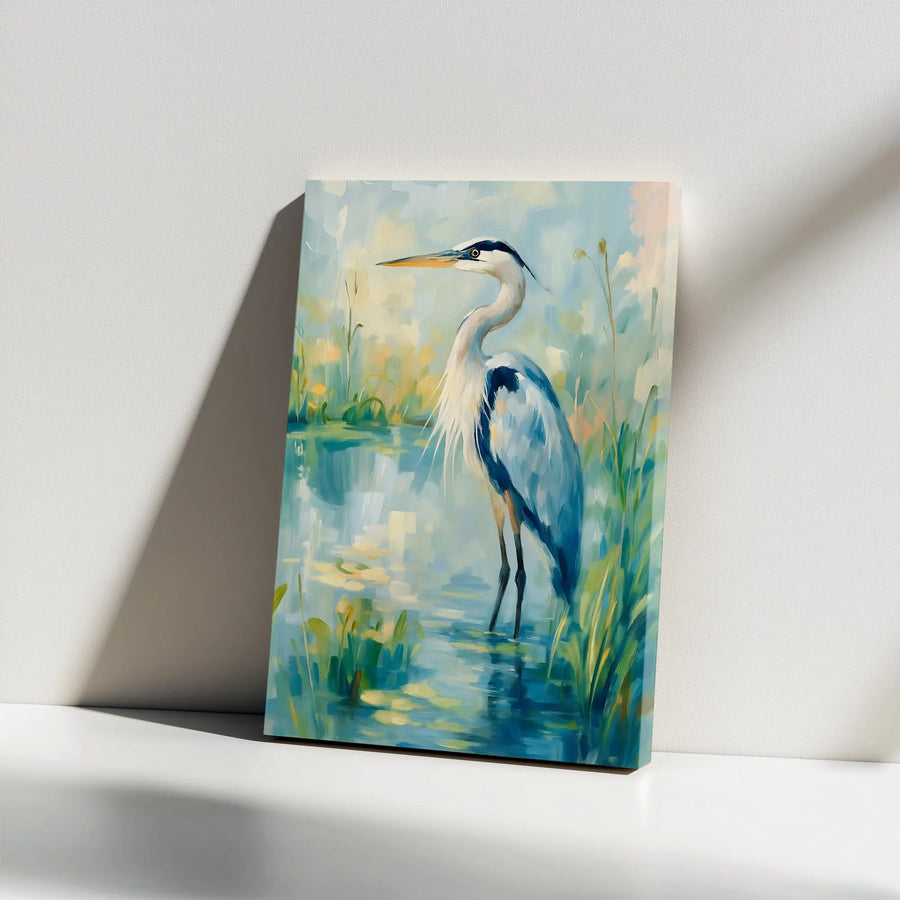 Great Blue Heron Canvas Wall Art | Serene Wetland Bird Painting | Premium Thick Gallery Wrap Canvas | Coastal Home Decor Gift for Bird Watcher