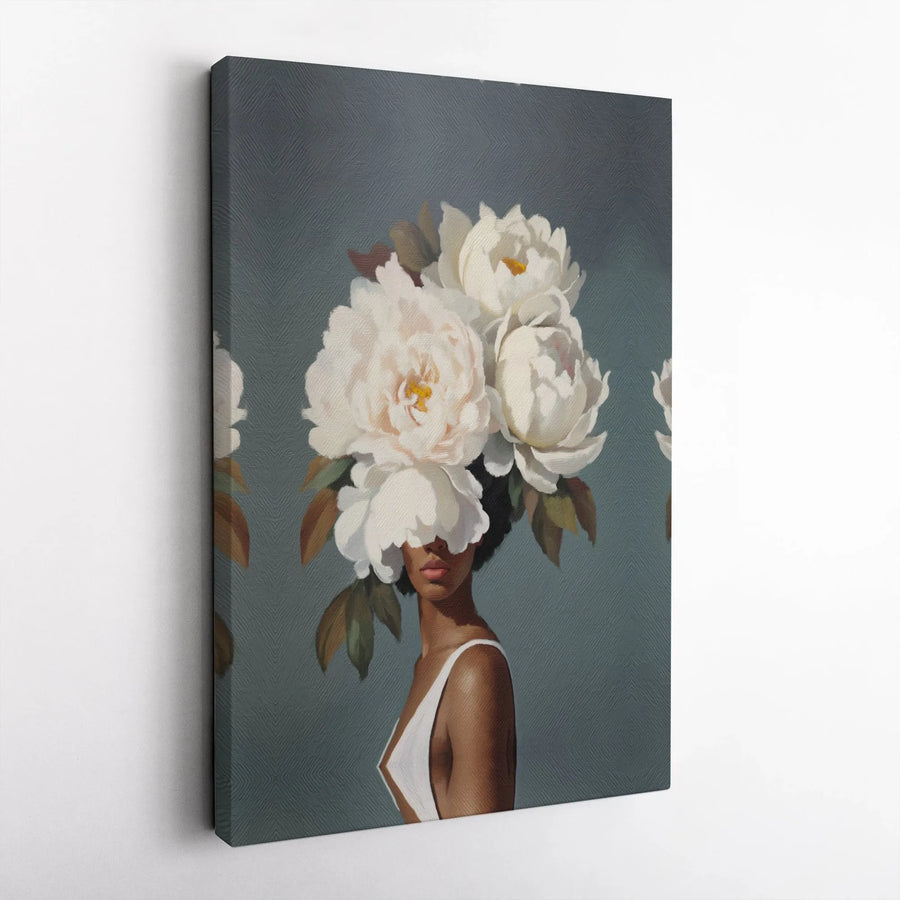 Black Woman Surrealist Canvas Art | White Peony Floral Portrait | Premium Gallery Wrapped Print | Modern Minimalist Home Decor Gift