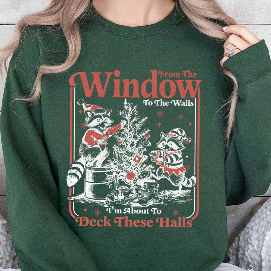 Raccoon Christmas Sweatshirt | Funny Deck The Halls Holiday Graphic | Unisex Cotton Blend Crewneck | Cute Trash Panda Winter Gift For Men Women