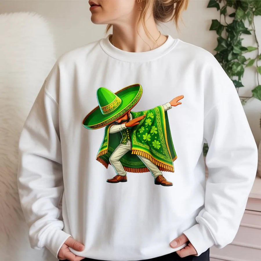 St. Patrick's Day Sweatshirt | Dabbing Sombrero Poncho Shamrock Graphic | Cotton Blend Unisex Apparel | Funny Mexican Irish Gift for Him or Her