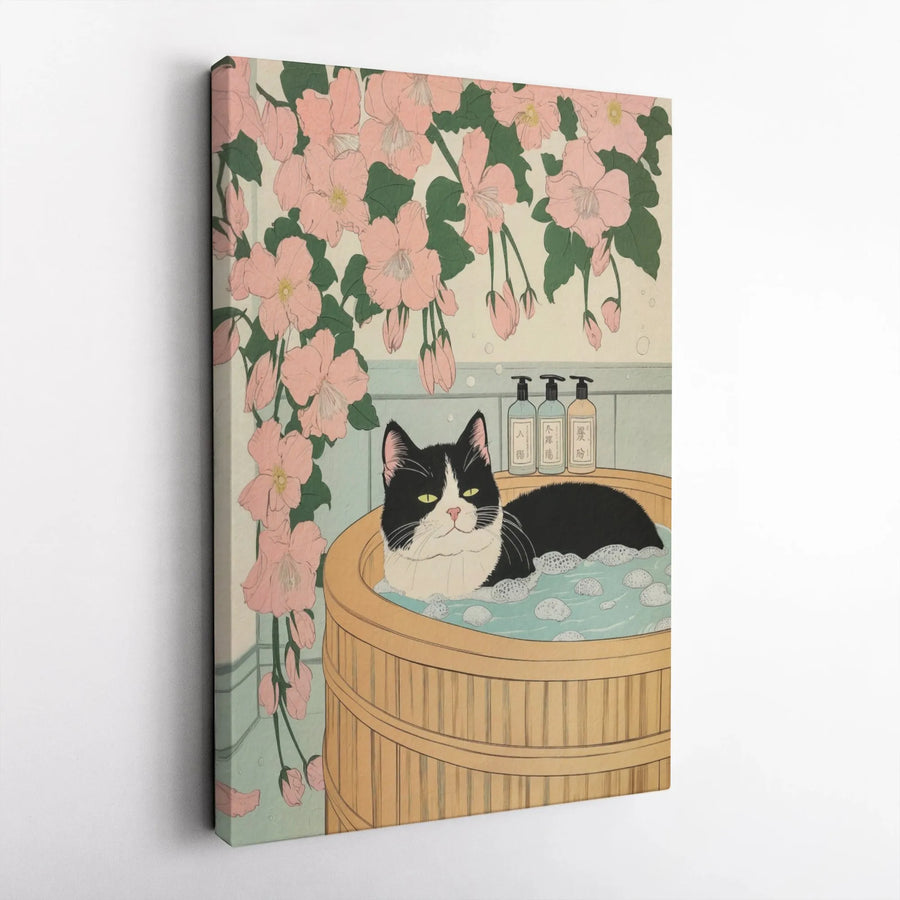 Japanese Cat Wall Art | Ukiyo-E Bathing Black Cat Print | Premium Gallery Wrap Canvas | Unique Gift for Cat Lovers & Home Decor