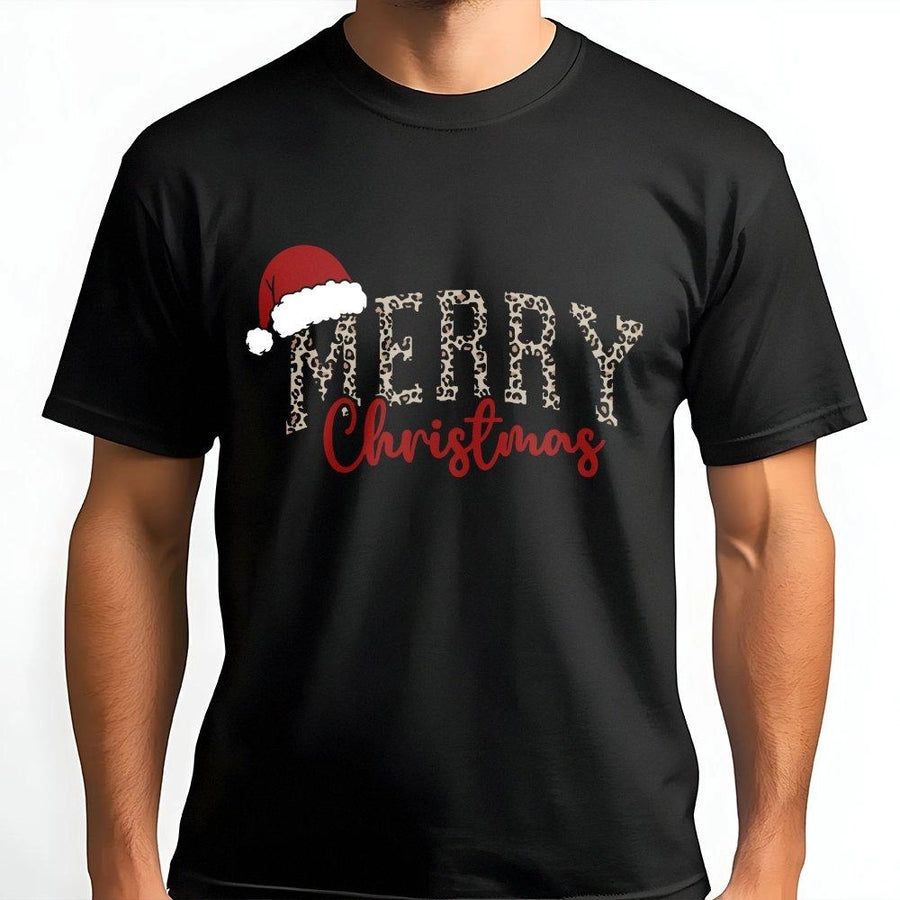 Merry Christmas T-Shirt | Leopard Print Santa Hat Holiday Design | Premium Soft Cotton | Festive Gift for Women and Family