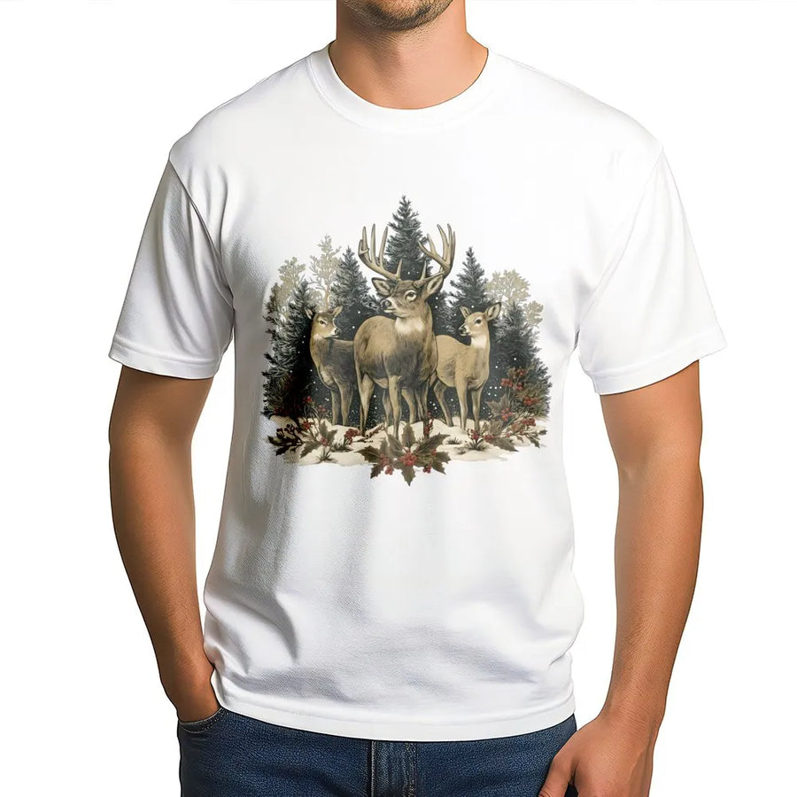 Vintage Deer T-Shirt | Winter Forest Graphic Nature Art | Premium Soft Cotton Tee | Outdoorsy Gift For Wildlife Lovers & Hunters