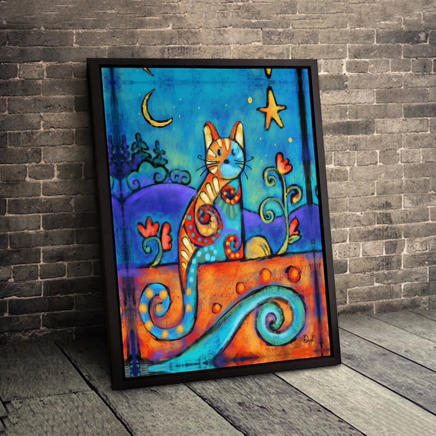 Whimsical Cat Wall Art | Colorful Folk Art Style Illustration | Gallery-Quality Premium Canvas | Unique Animal Lover Gift for Home Decor