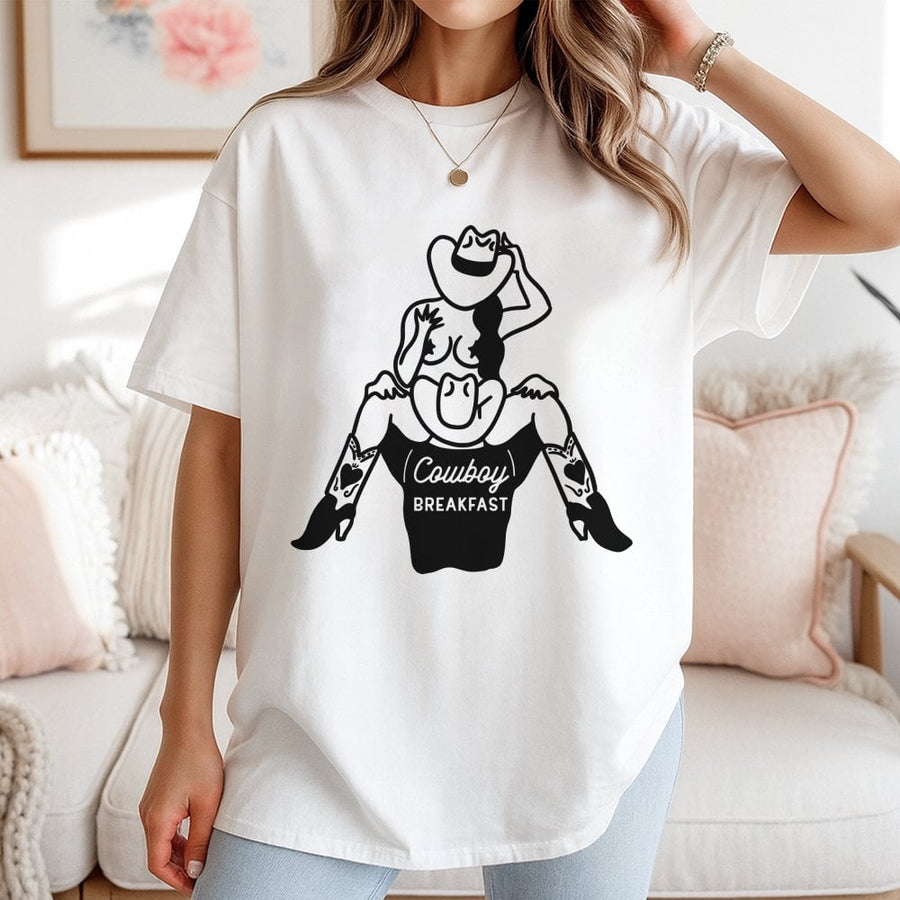 Cowboy Breakfast T-Shirt | Funny Western Cowgirl Pinup Graphic Tee | Premium 100% Cotton Apparel | Unique Gift for Rodeo Lovers & Country Music Fans