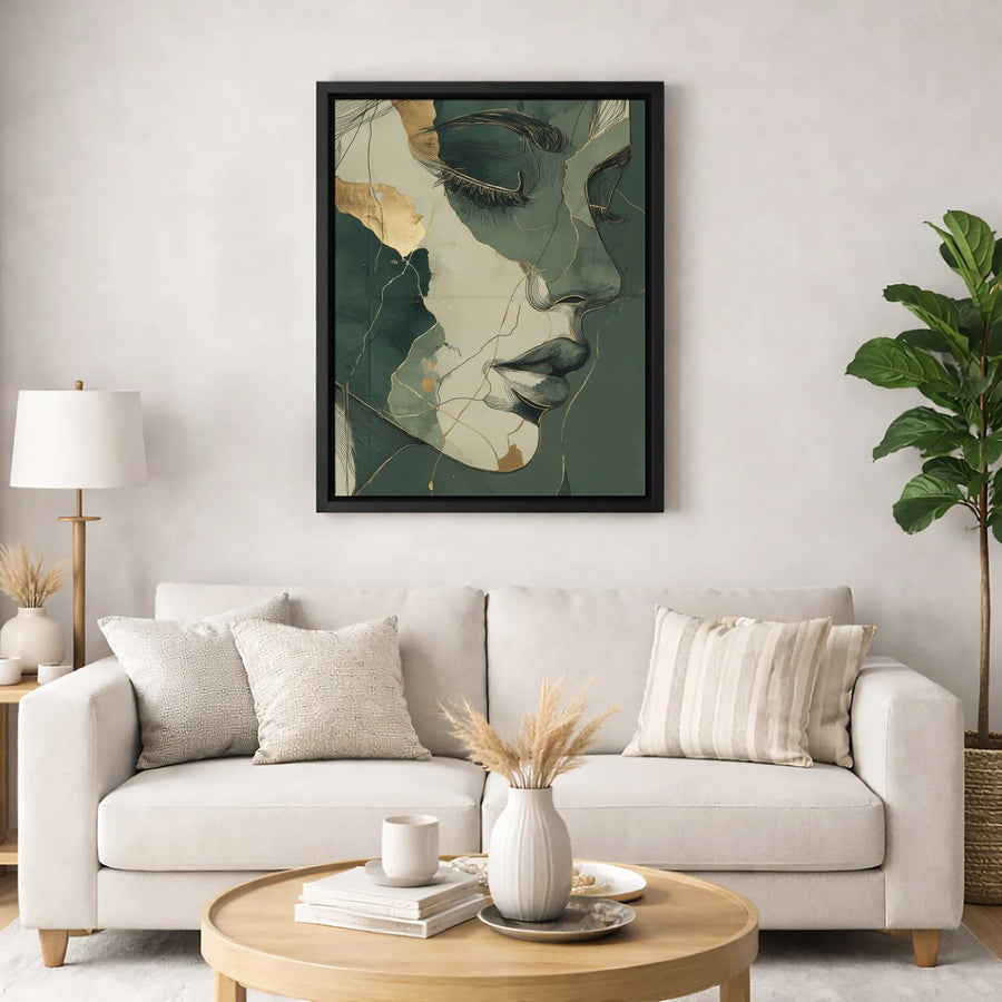 Abstract Woman Face Canvas Print | Minimalist Gold Line Art | Premium 1.25-Inch Gallery Wrap | Modern Sage Green Wall Decor Gift