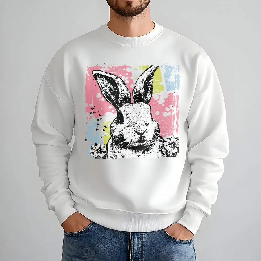 Rabbit Easter Sweatshirt | Distressed Pop Art Bunny Graphic | Premium Cotton Blend Crewneck | Cute Spring Holiday Gift For Women And Men