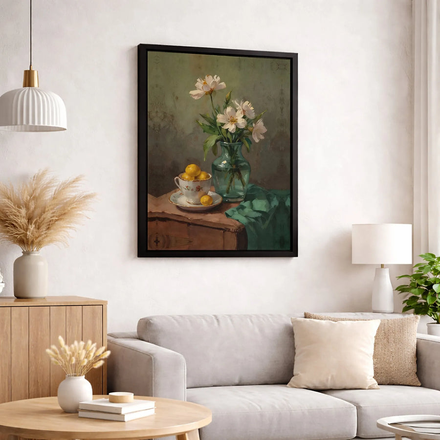 Still Life Floral Canvas Print | Vintage Lemon and White Flower Oil Painting Style | Premium 1.25 Inch Gallery Wrap | Kitchen and Dining Home Decor