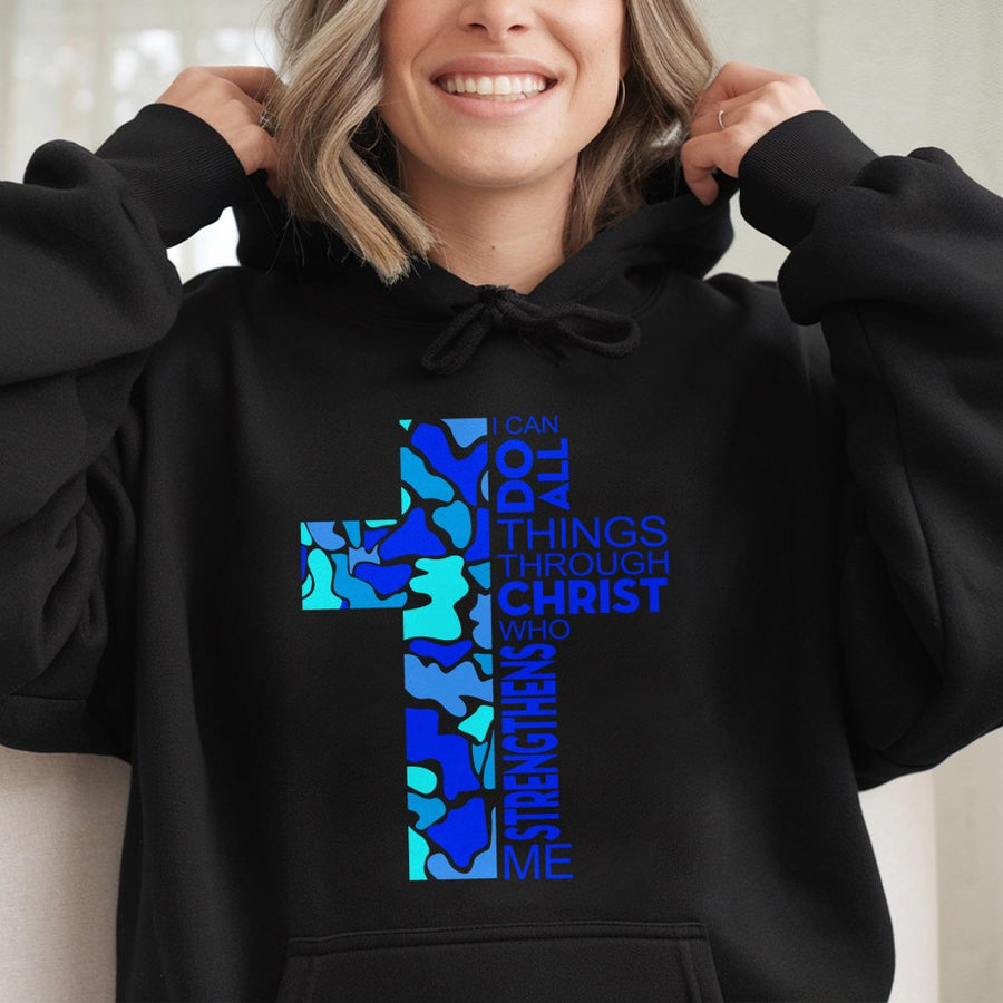 Christian Hoodie | Blue Camo Cross Philippians 4:13 Bible Verse | Premium Cotton-Blend Graphic Pullover | Religious Gift for Men and Women