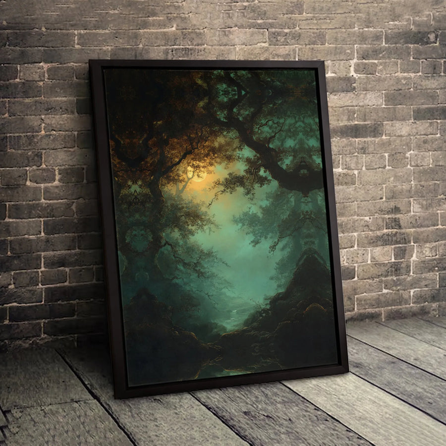 Mystical Forest Canvas Wall Art | Dark Enchanted Woods with Glowing Moon | Gallery-Quality Premium Canvas | Atmospheric Home & Office Decor Gift