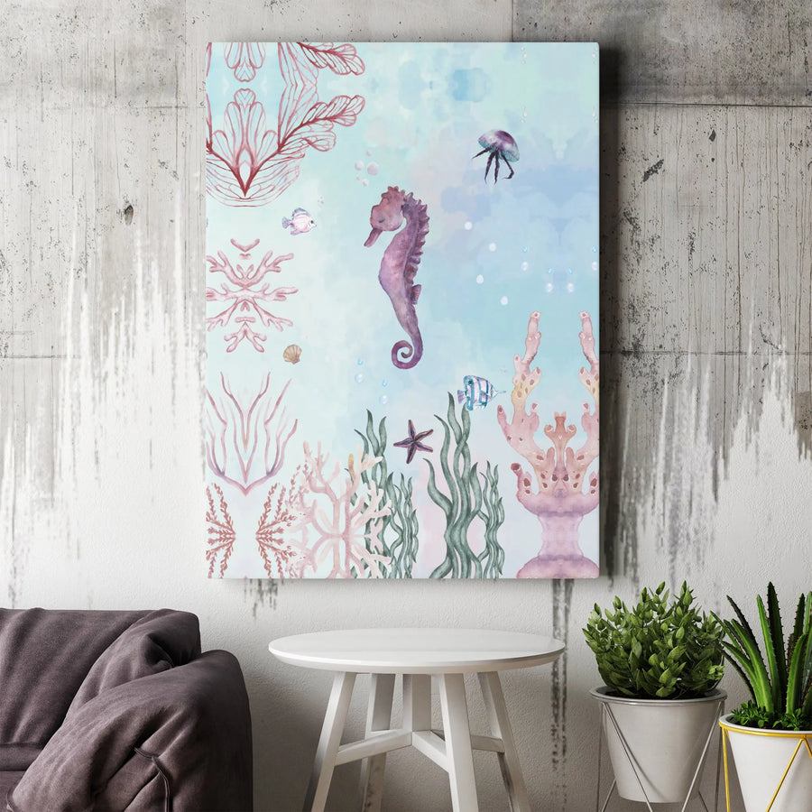Watercolor Seahorse Canvas Print | Pastel Ocean Life Nursery Art | Premium Gallery Wrapped Canvas | Kids Room & Bathroom Decor Gift