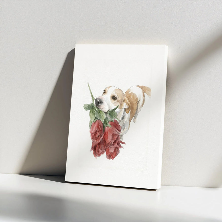Dog with Roses Canvas Wall Art | Watercolor Beagle Painting | Premium Stretched Canvas | Romantic Gift for Her & Pet Lover Decor