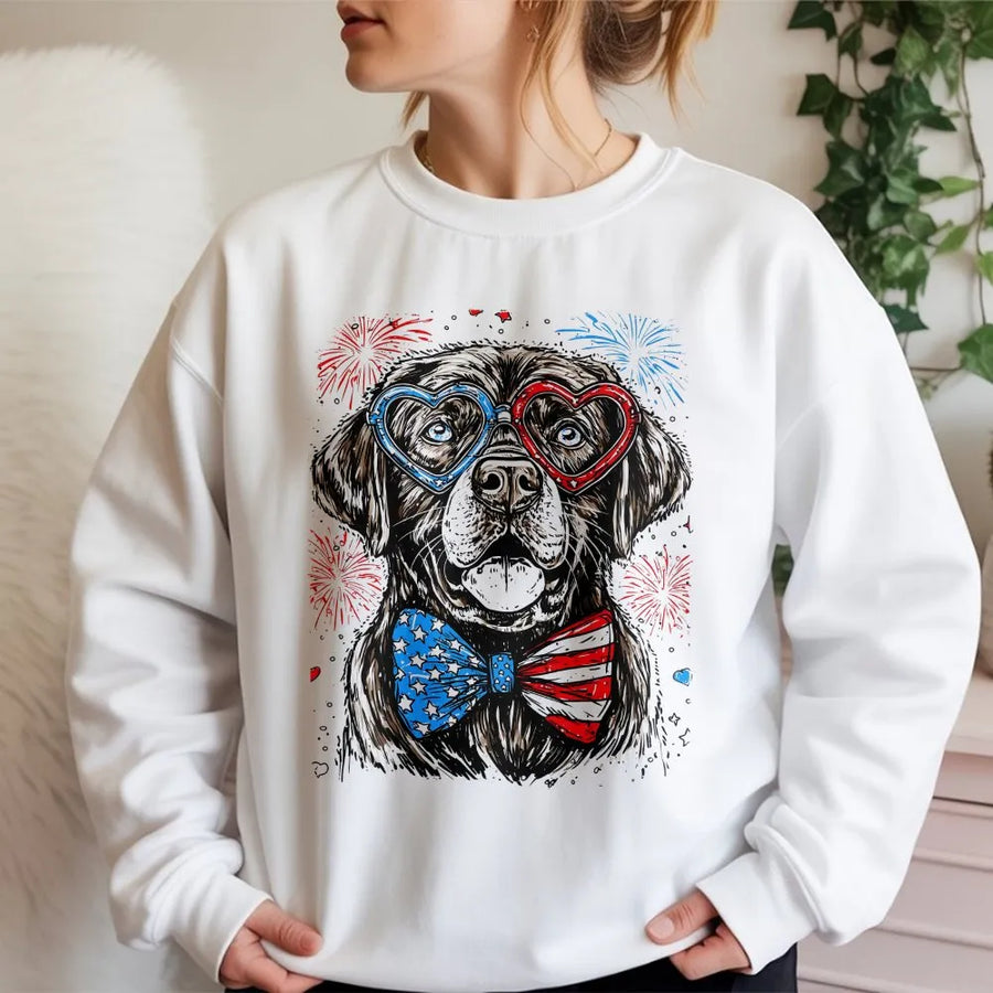 Patriotic Labrador Sweatshirt | Dog with American Flag Glasses & Bow Tie | Premium Cotton Blend | 4th of July Gift for Dog Lovers