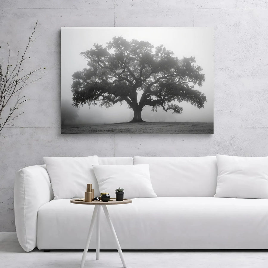 Majestic Oak Tree Wall Art | Foggy Landscape Canvas Print | Premium Gallery Wrapped 1.25 Inch Thick | Modern Nature Home Decor