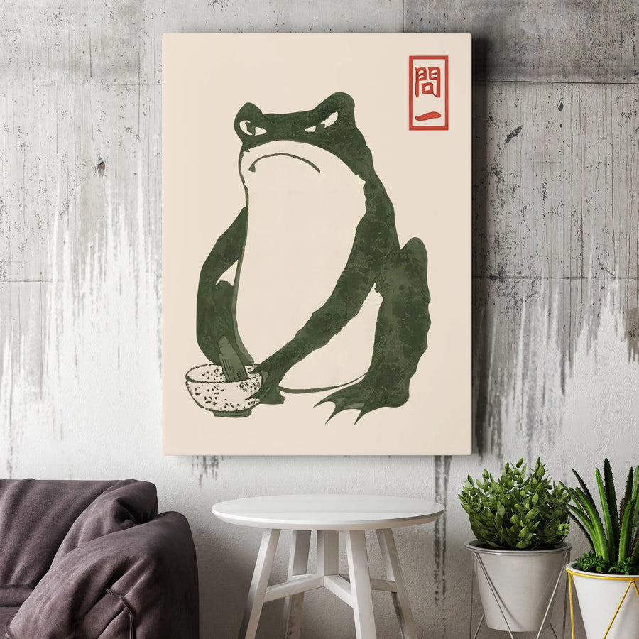 Grumpy Frog Wall Art | Japanese Matcha Tea Aesthetic | Premium Gallery Canvas | Cute Animal Home Decor Gift