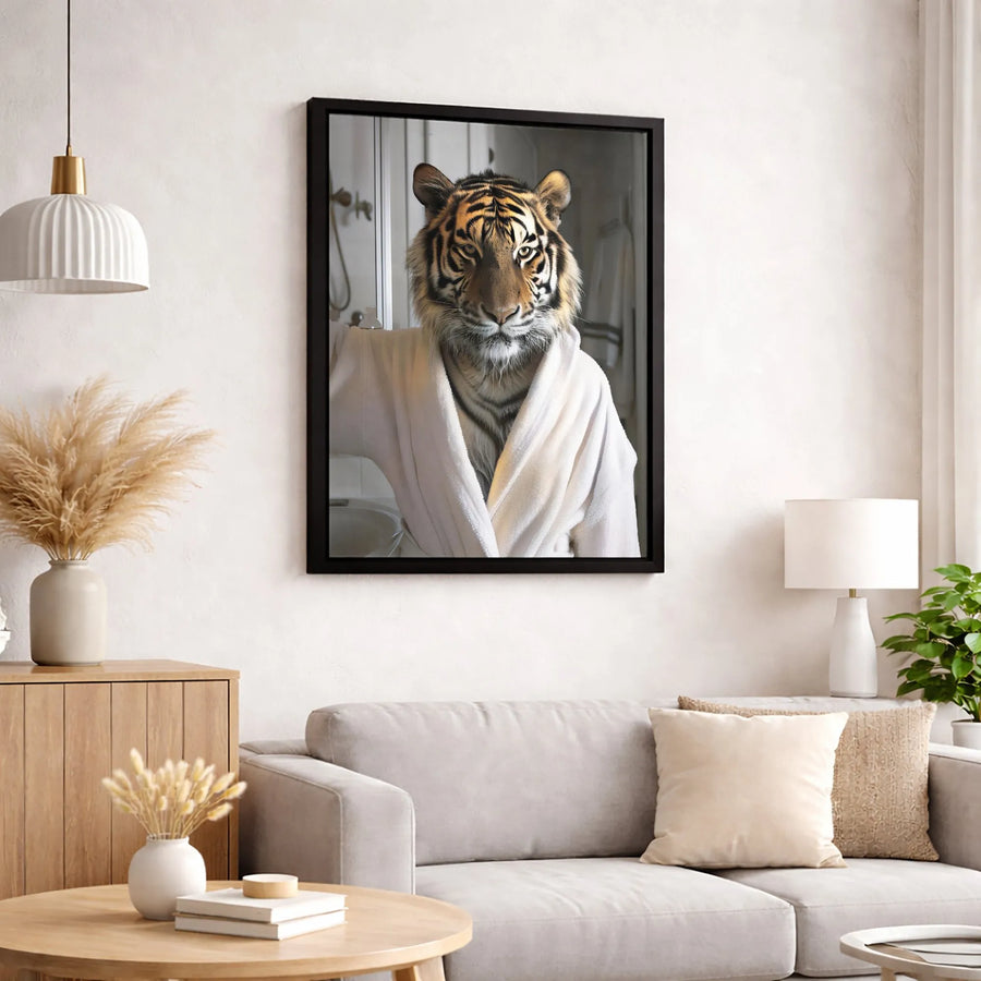 Tiger In Bathrobe Canvas Wall Art | Whimsical Bathroom Animal Portrait | Premium Gallery-Wrapped Print | Unique Home Decor Gift For Animal Lovers