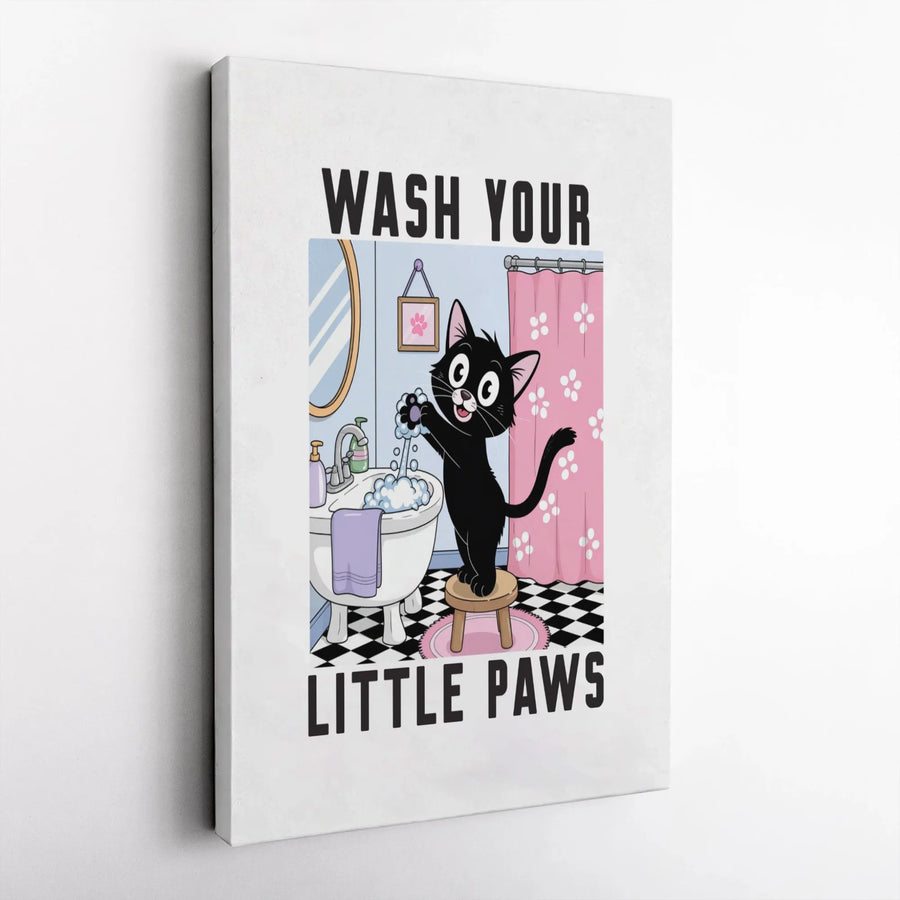 Wash Your Little Paws Cat Wall Art | Cute Black Cat Bathroom Decor | Gallery Wrapped Premium Canvas | Funny Kitten Gift for Cat Lovers