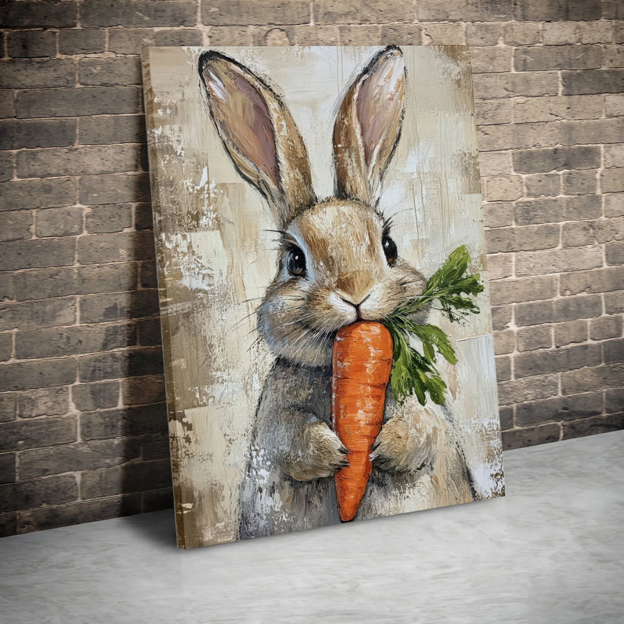 Rabbit Canvas Wall Art | Cute Bunny Eating Carrot Painting | Premium Frameless Canvas | Rustic Farmhouse Nursery Decor Gift for Kids
