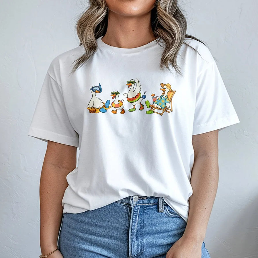 Silly Goose T-Shirt | Funny Cartoon Beach Geese Graphic | Cozy Cotton Blend Pullover | Unisex Animal Lover Gift