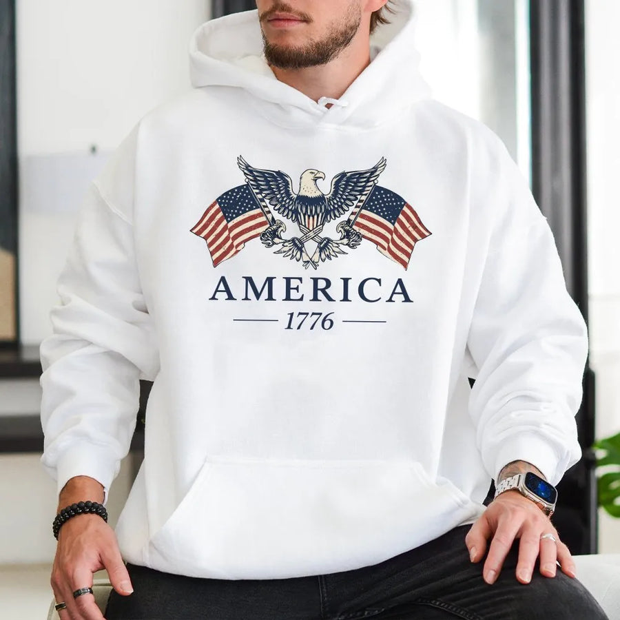 America 1776 Hoodie | Vintage Patriotic Eagle & USA Flag Design | Premium Cotton-Blend Sweatshirt | 4th of July Gift