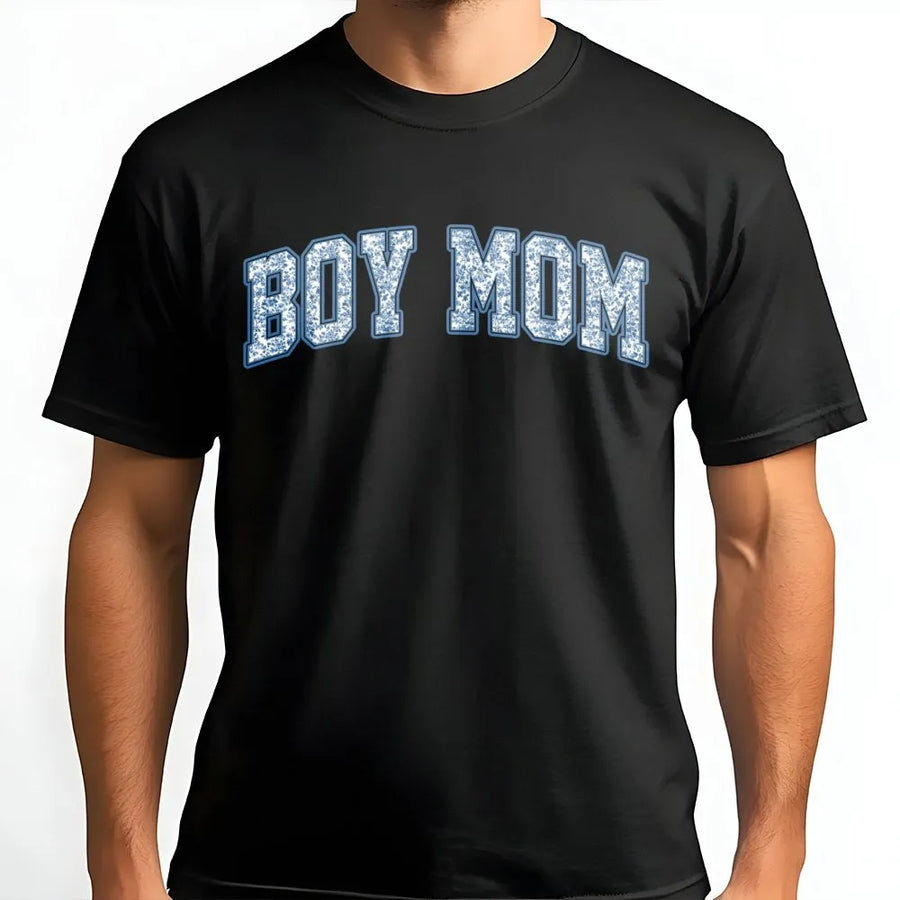 Boy Mom T-Shirt | Blue Toile Floral Varsity Print | Premium Soft Cotton Tee | Cute Pregnancy Announcement or Mother's Day 2026 Gift for Her