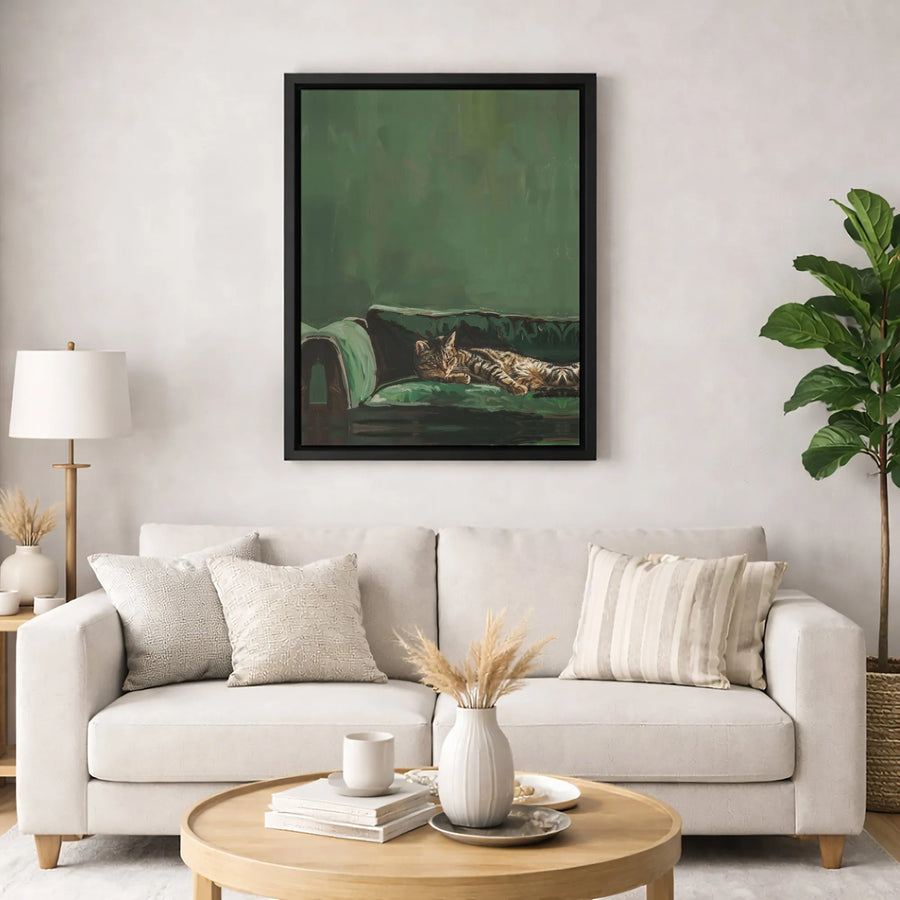 Tabby Cat Wall Art | Sleeping Cat on Green Sofa Painting | Premium Gallery Wrap Canvas Print | Cozy Animal Home Decor Gift