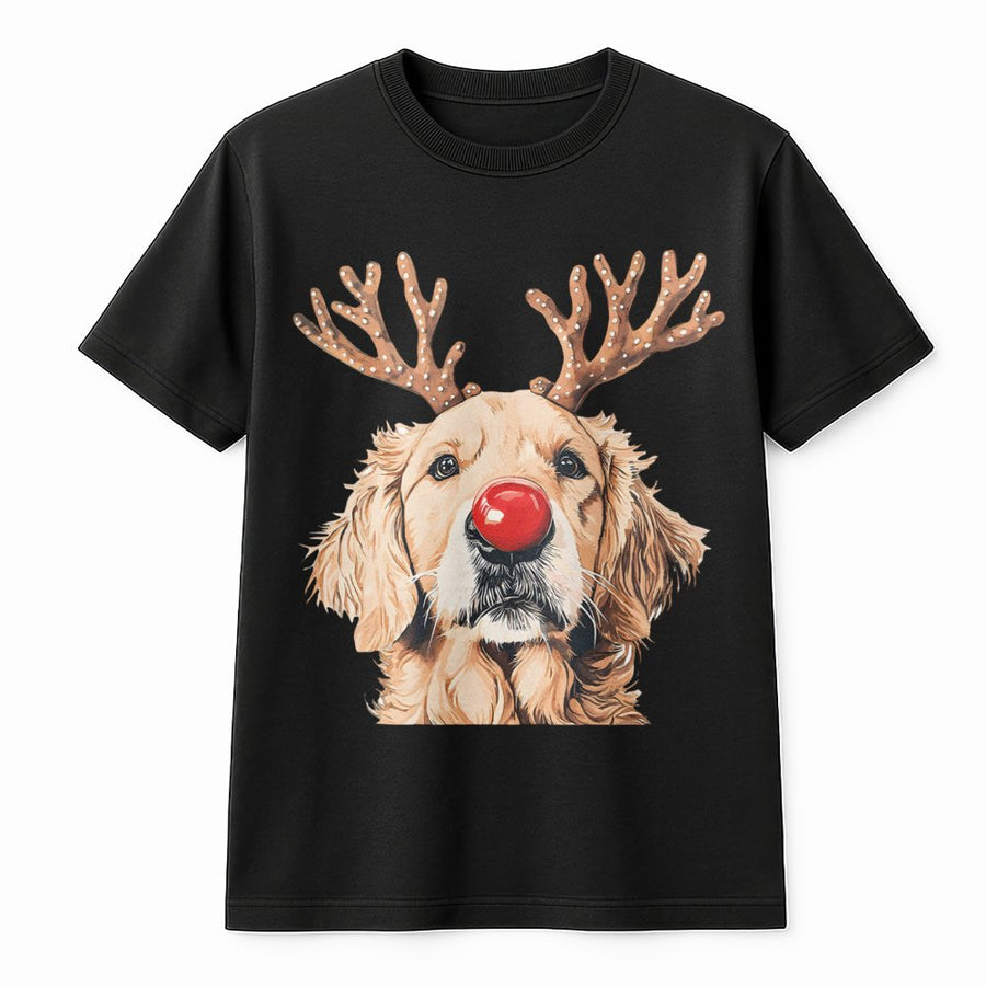 Christmas Golden Retriever T-Shirt | Reindeer Antlers & Red Nose Graphic | Premium Soft Cotton | Dog Mom Holiday Gift for Animal Lovers