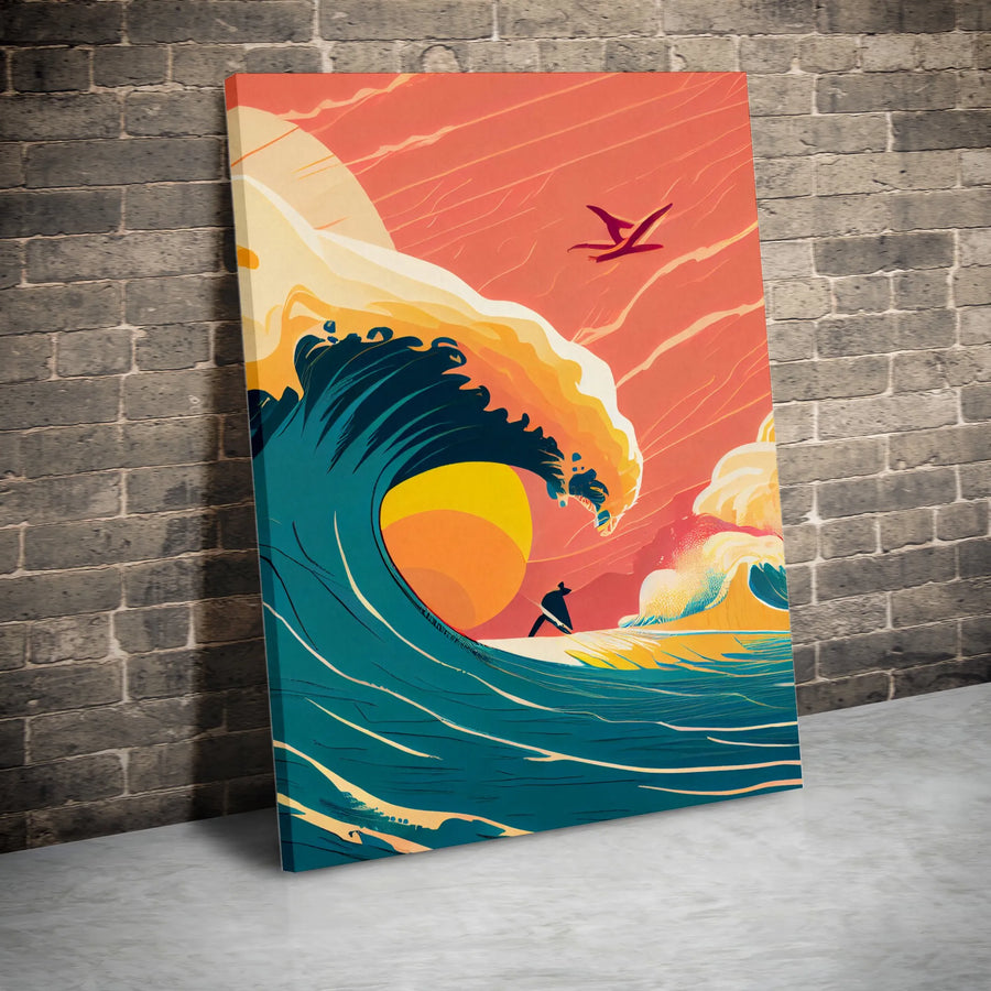 Sunset Surfing Vertical Canvas | Retro Ocean Wave Illustration | Premium Gallery Wrap Canvas | Gift for Surfer and Beach Lover