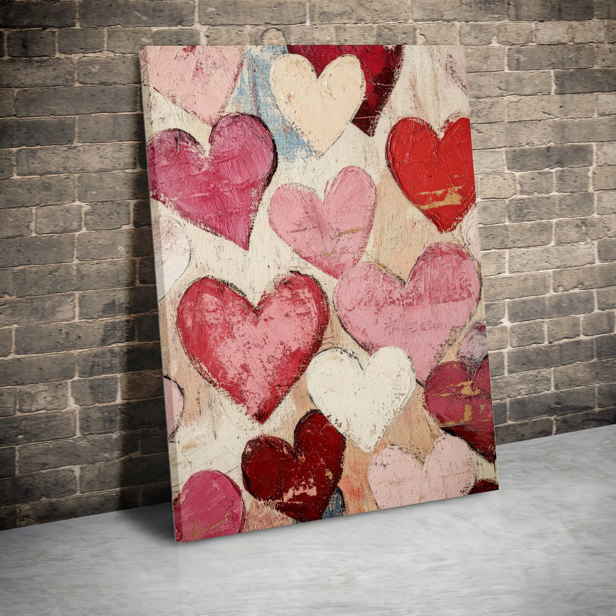 Abstract Heart Wall Art | Textured Red and Pink Oil Style Canvas | Gallery Wrapped Premium Print | Romantic Modern Home Decor Gift