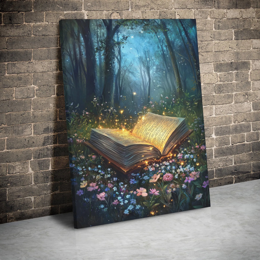 Enchanted Forest Book Canvas Art | Magical Glowing Fairy Tale Decor | Premium Gallery-Wrapped Print | Whimsical Library Wall Decor for Book Lovers
