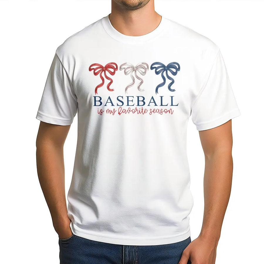 Baseball Is My Favorite Season T-Shirt | Coquette Bow Graphic Tee | Premium Cotton Casual Wear | Cute Baseball Mom Game Day Gift