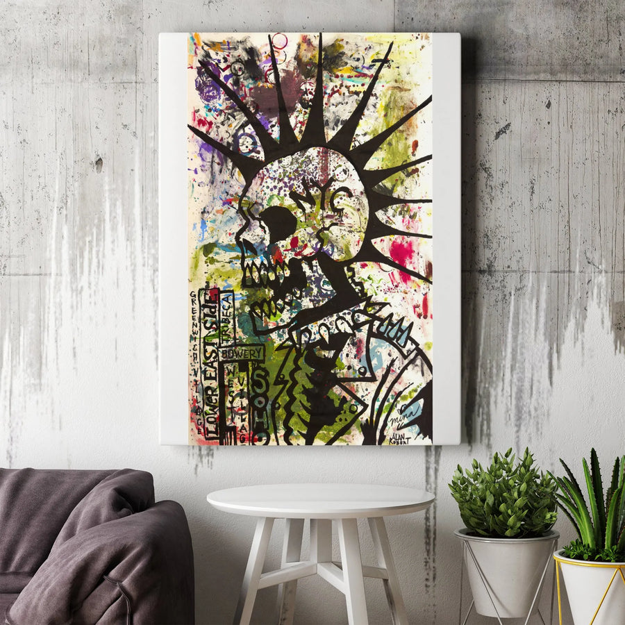 Punk Rock Skeleton Canvas Wall Art | Graffiti Mohawk Skull Print | Premium 1.25" Thick Gallery Wrap | Collector's Music Home Decor Gift
