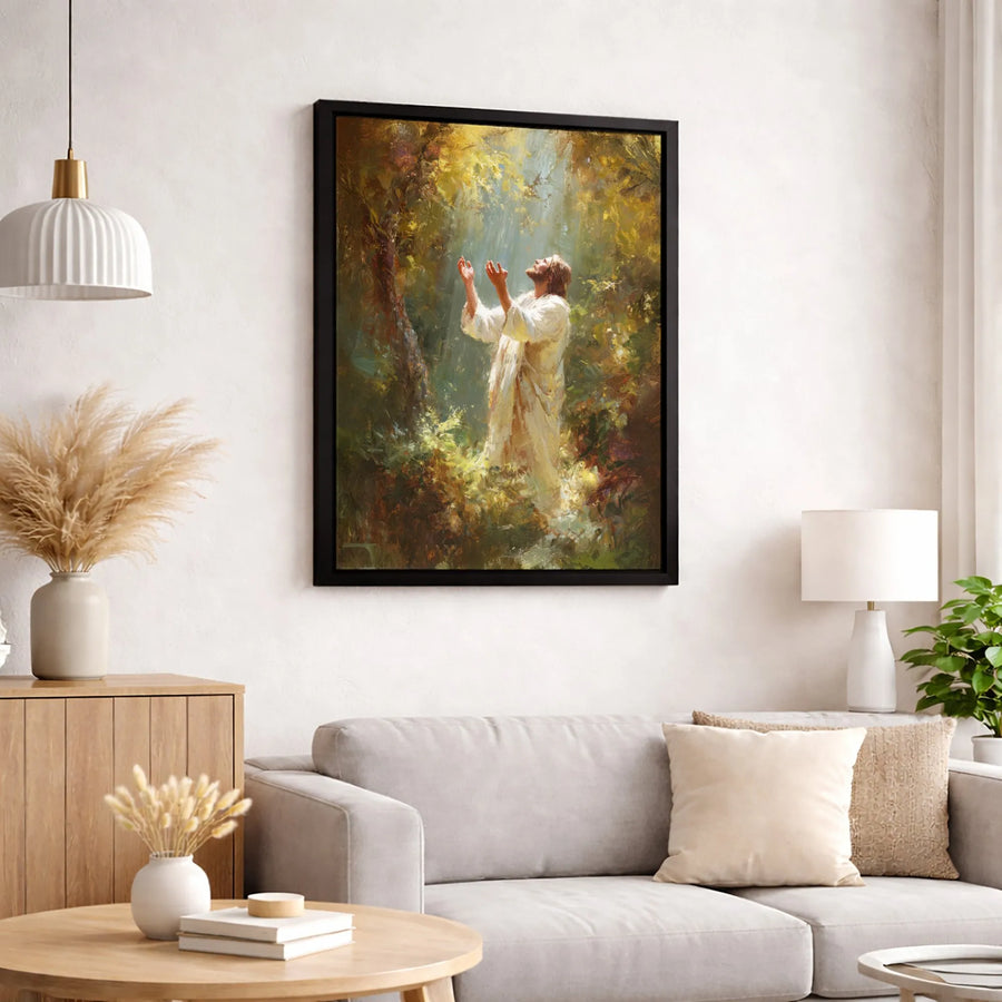 Jesus Praying in Forest Canvas | Christian Religious Wall Art | Premium Gallery-Wrapped Print | Spiritual Home Decor Gift