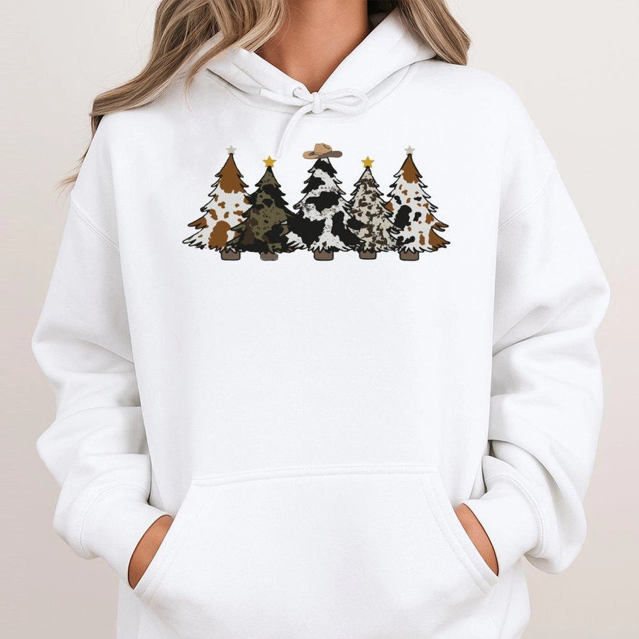 Western Christmas Hoodie | Cowhide Print Trees with Cowboy Hat | Premium Cotton Blend | Unisex Holiday Gift for Country Music Lovers