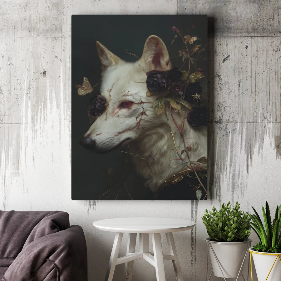 Gothic White Wolf Wall Art | Dark Floral Surrealist Portrait | Premium Gallery Canvas | Ethereal Fantasy Gift for Gothic Home Decor