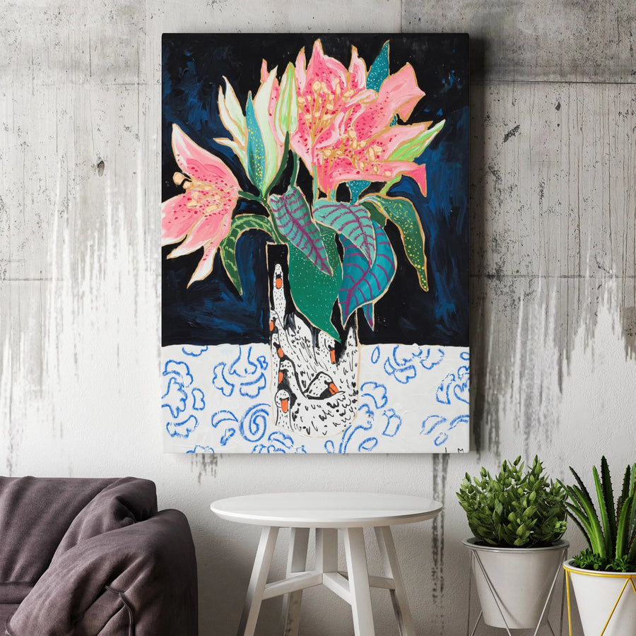Swan Vase Lily Bouquet Canvas Print | Vibrant Still Life with Pink Lilies | Premium Gallery Wrapped Art | Collector's Modern Home Decor for Living Room
