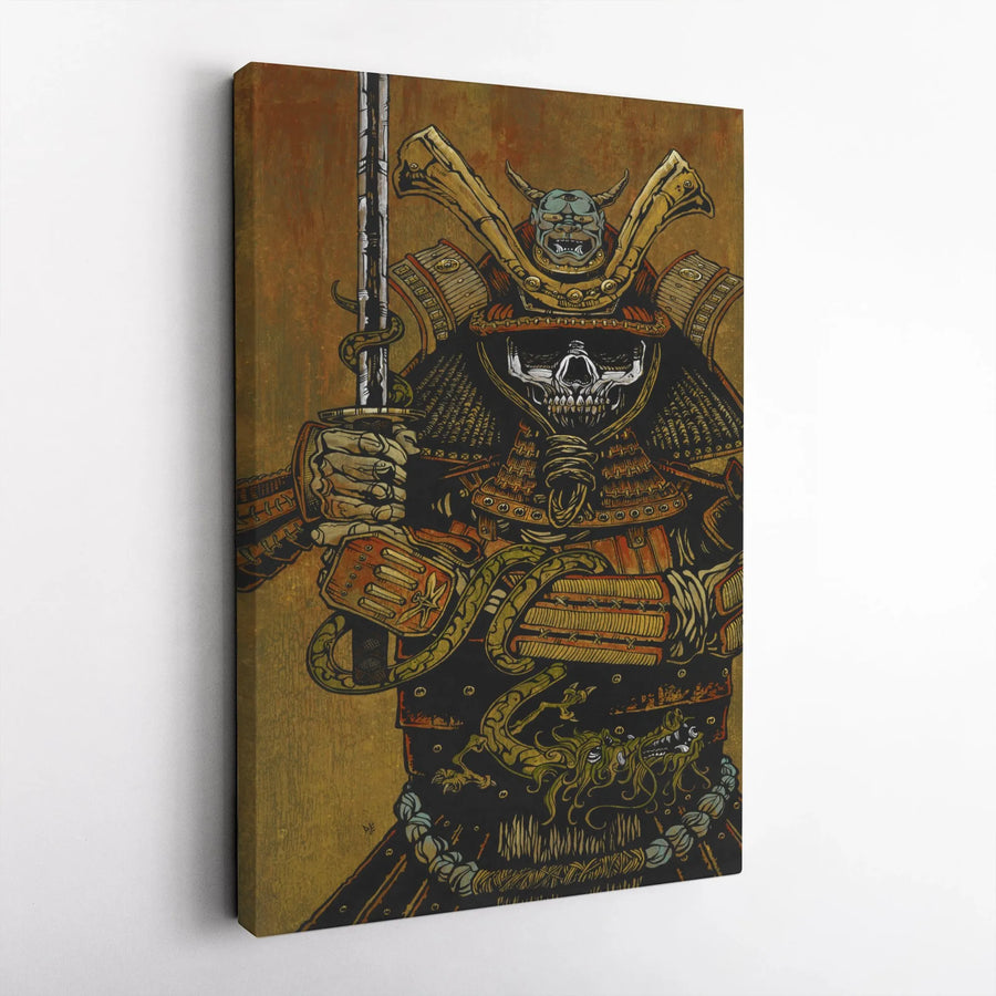 Samurai Skull Canvas Wall Art | Japanese Skeleton Warrior with Oni Mask | Premium Gallery Wrapped Canvas | Collector's Gift for Martial Arts Fan