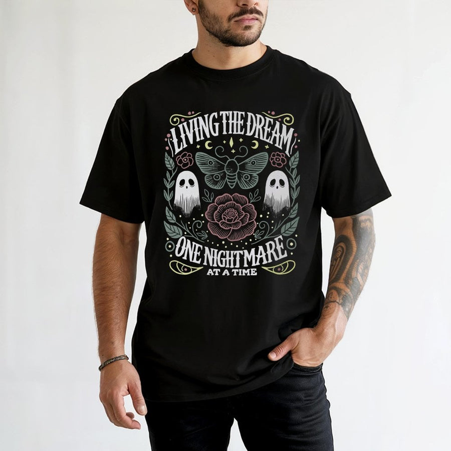 Living The Dream One Nightmare At A Time T-Shirt | Spooky Ghost Moth Graphic | Premium 100% Cotton Tee | Gothic Halloween Gift For Her