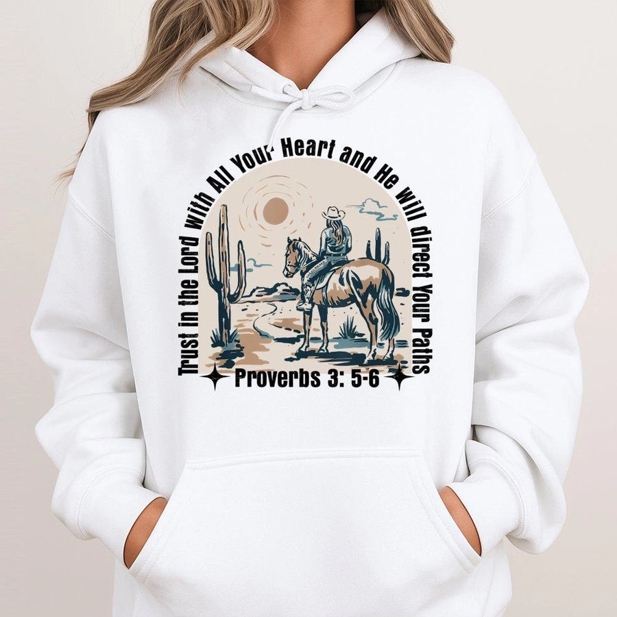 Western Christian Hoodie | Proverbs 3:5-6 Cowgirl Faith Design | Premium Cotton Blend | Inspirational Religious Gift for Women