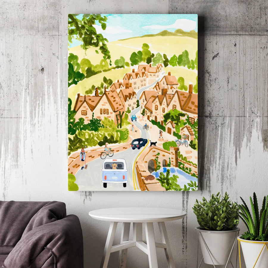 Cotswolds England Vertical Canvas | Watercolor English Village Painting | Premium Gallery Wrap Print | Living Room Wall Decor and Travel Gift