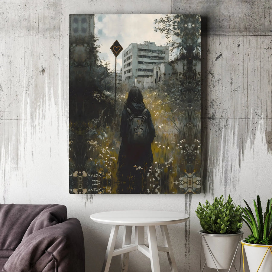Post-Apocalyptic City Canvas Wall Art | Dystopian Girl Wanderer Decor | Gallery Wrap Premium Print | Moody Home & Office Gift