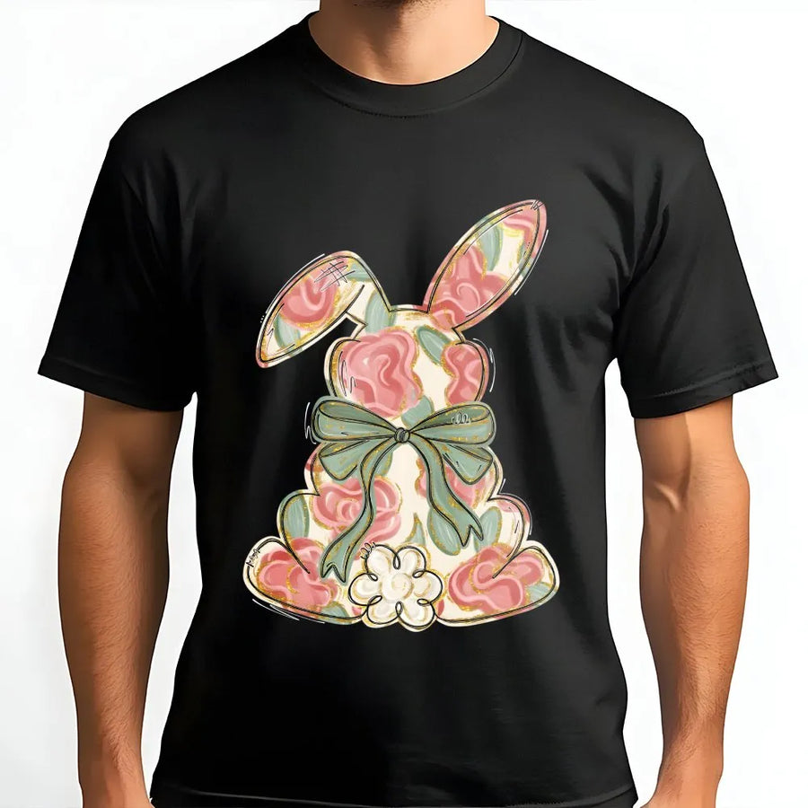 Floral Easter Bunny T-Shirt | Boho Rose Print Rabbit Graphic | Premium Cotton Soft Tee | Cute Spring Holiday Gift For Women And Girls